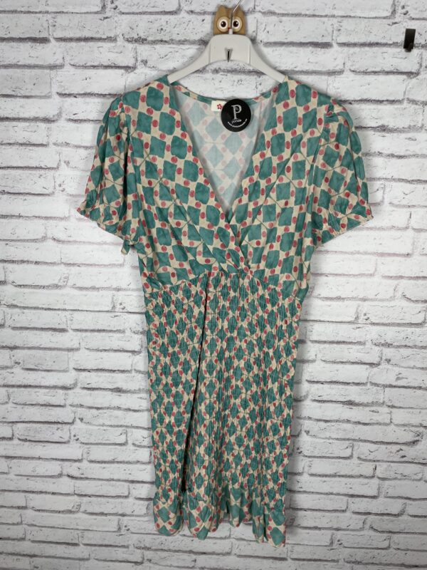 VESTIDO NIDO DE ABEJA CORAL Y TURQUESA