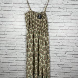 VESTIDO PECHO ENGOMADO ESTAMOADO MARRON Y TURQUESA