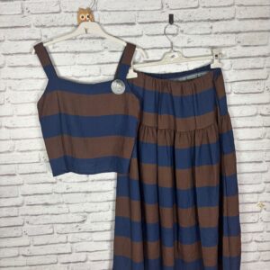 CONJUNTO TOP Y FALDA AZUL Y MARRON