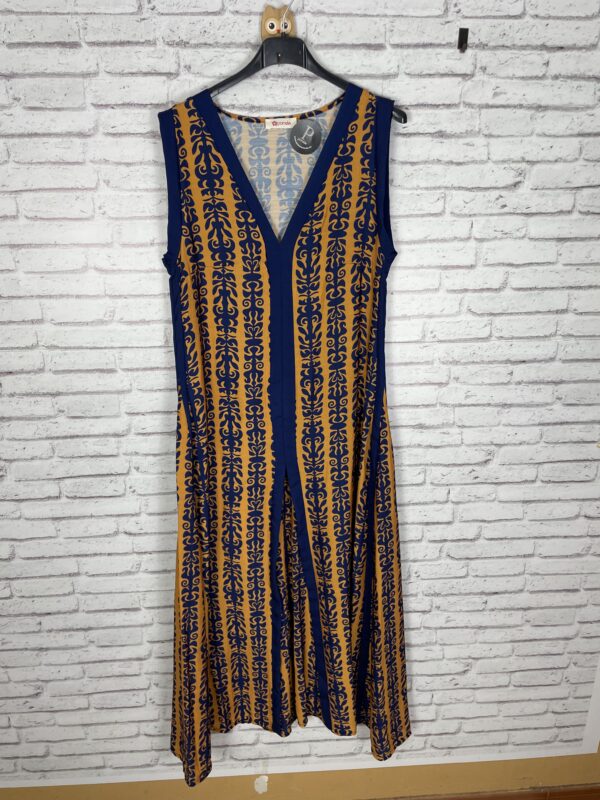 VESTIDO ESTAMPADO ABANICO MARINO Y MOSTAZA