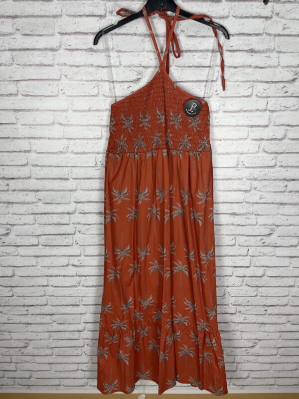 VESTIDO NIDO DE ABEJA PALMERAS MARRÓN Y NARANJA
