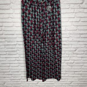 PANTALON ESTAMPADO GEOMETRICO BURDEOS Y AZUL