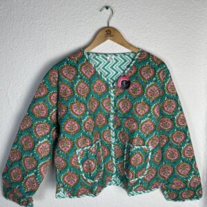 CHAQUETA ESTAMPADA VERDE Y FUCSIA