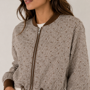 CHAQUETA BOMBER VICHY BORDADA MARRÓN