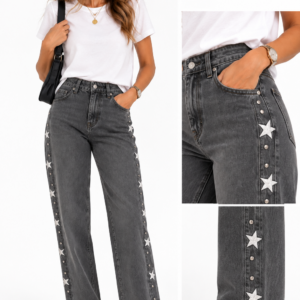 PANTALÓN GRIS ESTRELLAS BORDADAS Y TACHUELAS