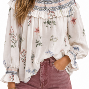 CAMISA CUELLO CHIMENEA NIDO DE ABEJA FLORES GRANDES