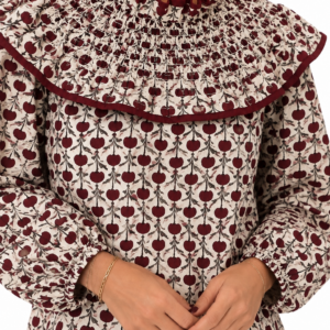 CAMISA ESTAMPADA CUELLO NIDO DE ABEJA BEIG Y BURDEOS