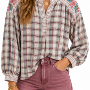 CAMISA CUADROS TONIS AZUL Y ROSA HOMBROS BORDADOS