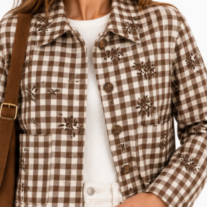 CHAQUETA ACOLCHADA BORDADA VICHY MARRÓN Y BLANCA